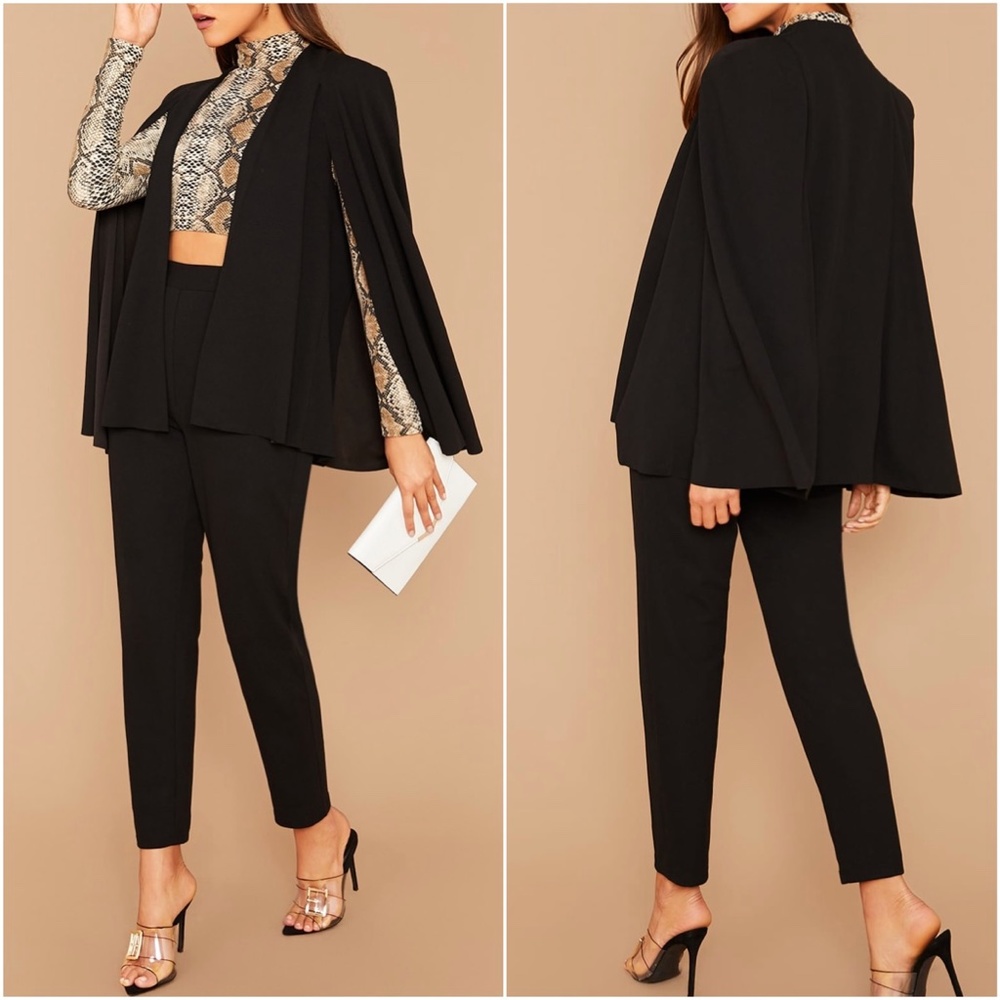 Black Cape Blazer Work Suit Pants Set Classic - Picture 2 of 4